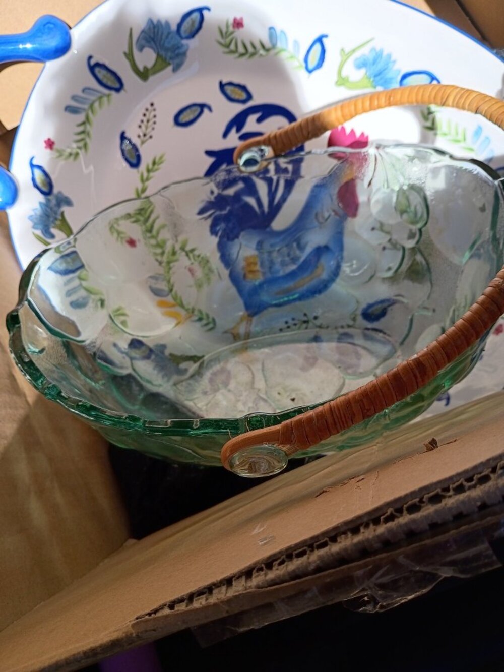 Vintage Hand Painted Glass Rooster Basket with Wicker Handle